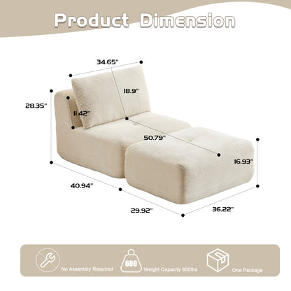 Moderne Kompressions-Matratzen-Sofa, Einzelne Chaiselongue für das Wohnzimmer, Haustierfreundliches Wolkenmodulares Ecksofa, Corduroy-Stoff, Verschiebbare Pouf, Keine Montage erforderlich, Beige