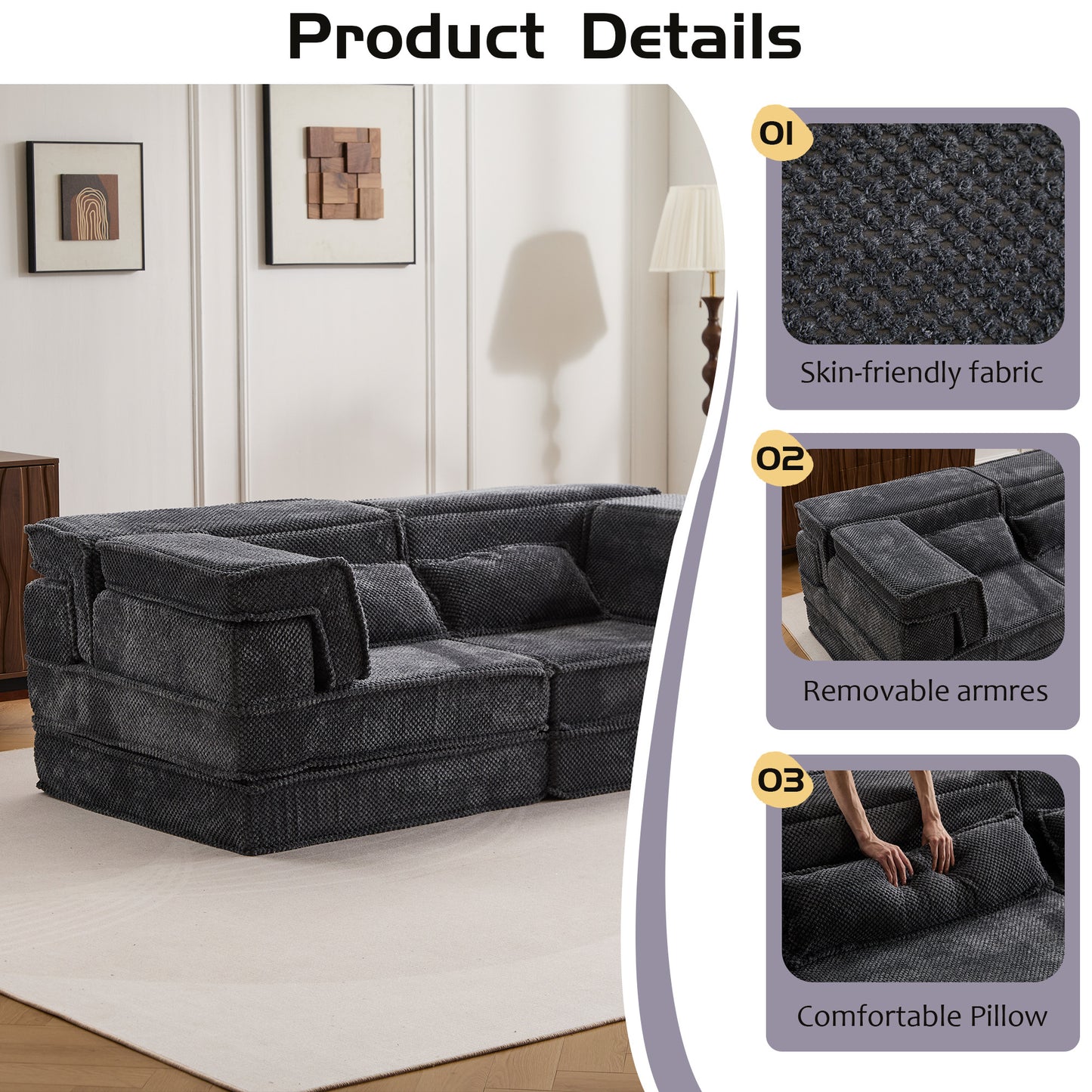 Kompressions-Mahjong-Sofa, Umwandelbares Boden-Sofabett, DIY Knochenloses Modulares Sektionalsofa, Keine Montage erforderlich, Kreisförmiger Fleece-Stoff, Modernes Überdimensionales Zweiersofa, Dunkelgrau