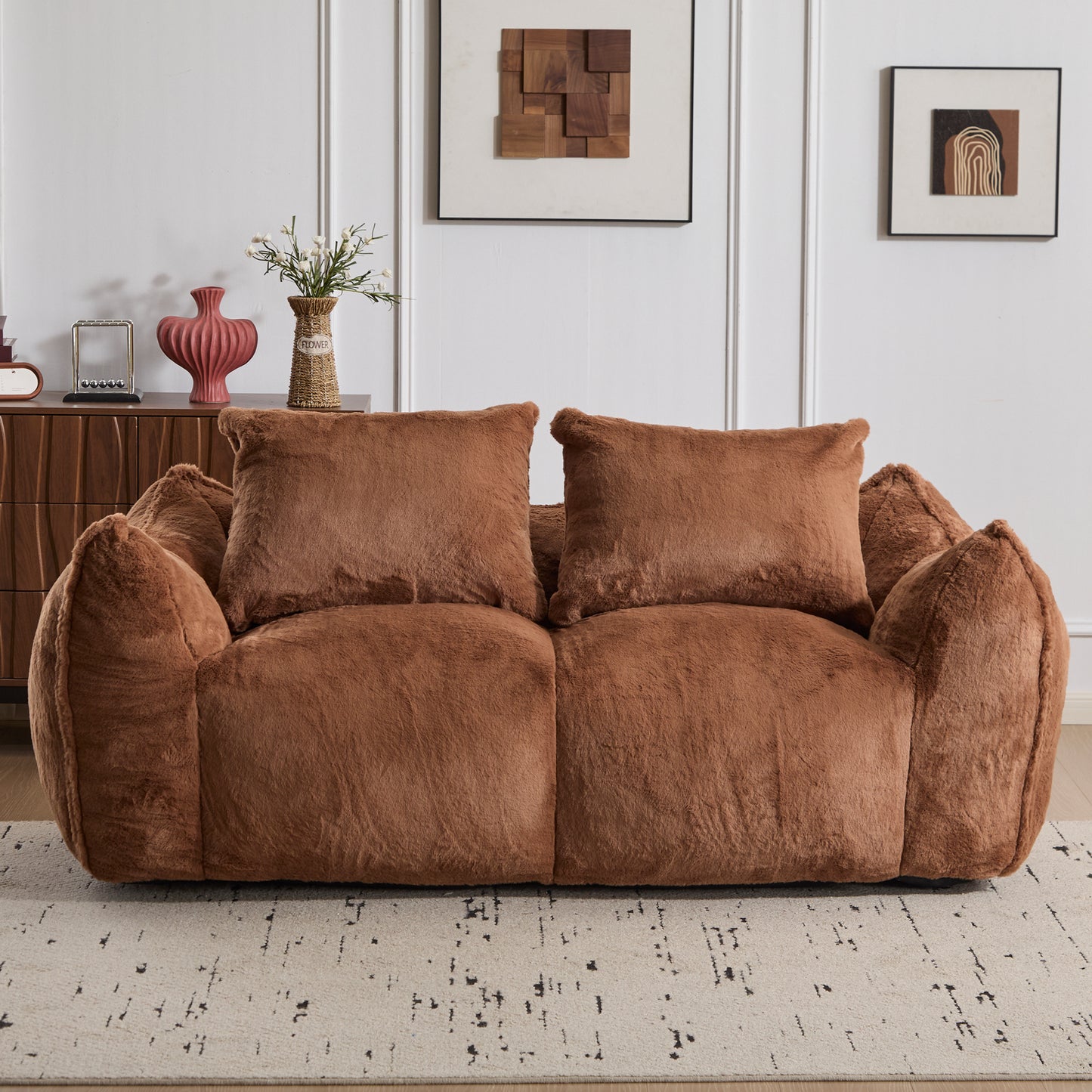 Riesiges Sitzsacksofa für Erwachsene, ultra weiches, flauschiges Zweiersofa aus Sitzsäcken, überdimensionierter Liegestuhl für Innenräume im Wohnzimmer oder Schlafzimmer, keine Montage erforderlich, gemütlicher Lesesessel mit Kissen, Braun
