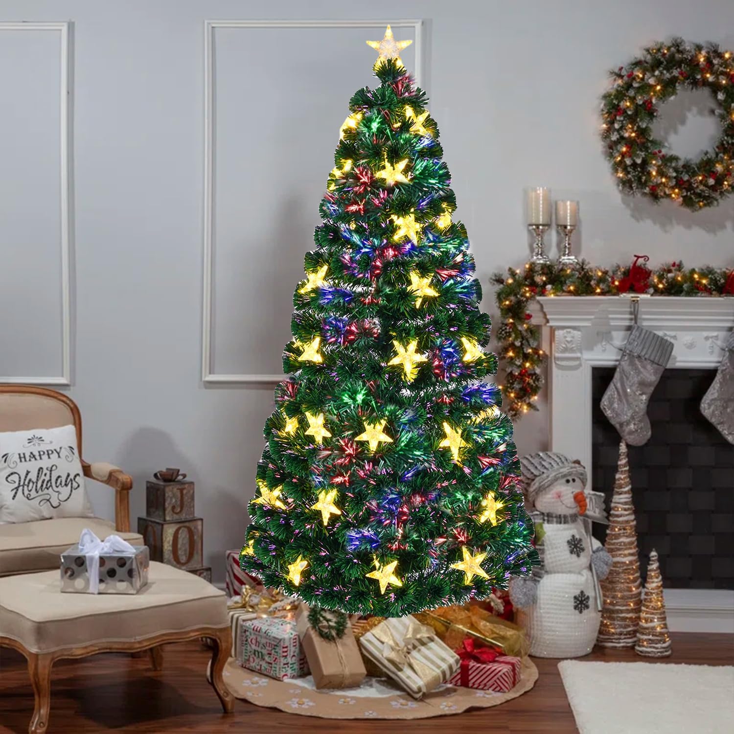 7FT Vorbeleuchteter Glasfaser-Weihnachtsbaum mit großen Sternen, Künstlicher Weihnachtsbaum Fichte grüner Baum mit Metallständer, Voller Baum für Feiertagsdekoration