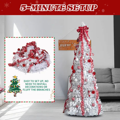 7 FT Vollständig Dekorierter Vorbeleuchteter Weihnachtsbaum, Pop-Up Künstlicher Xmas-Baum mit 170 Warmen Lichtern und Roten Kugeln für Zuhause, Büro, Laden und Feiertagsdekoration, Weiß