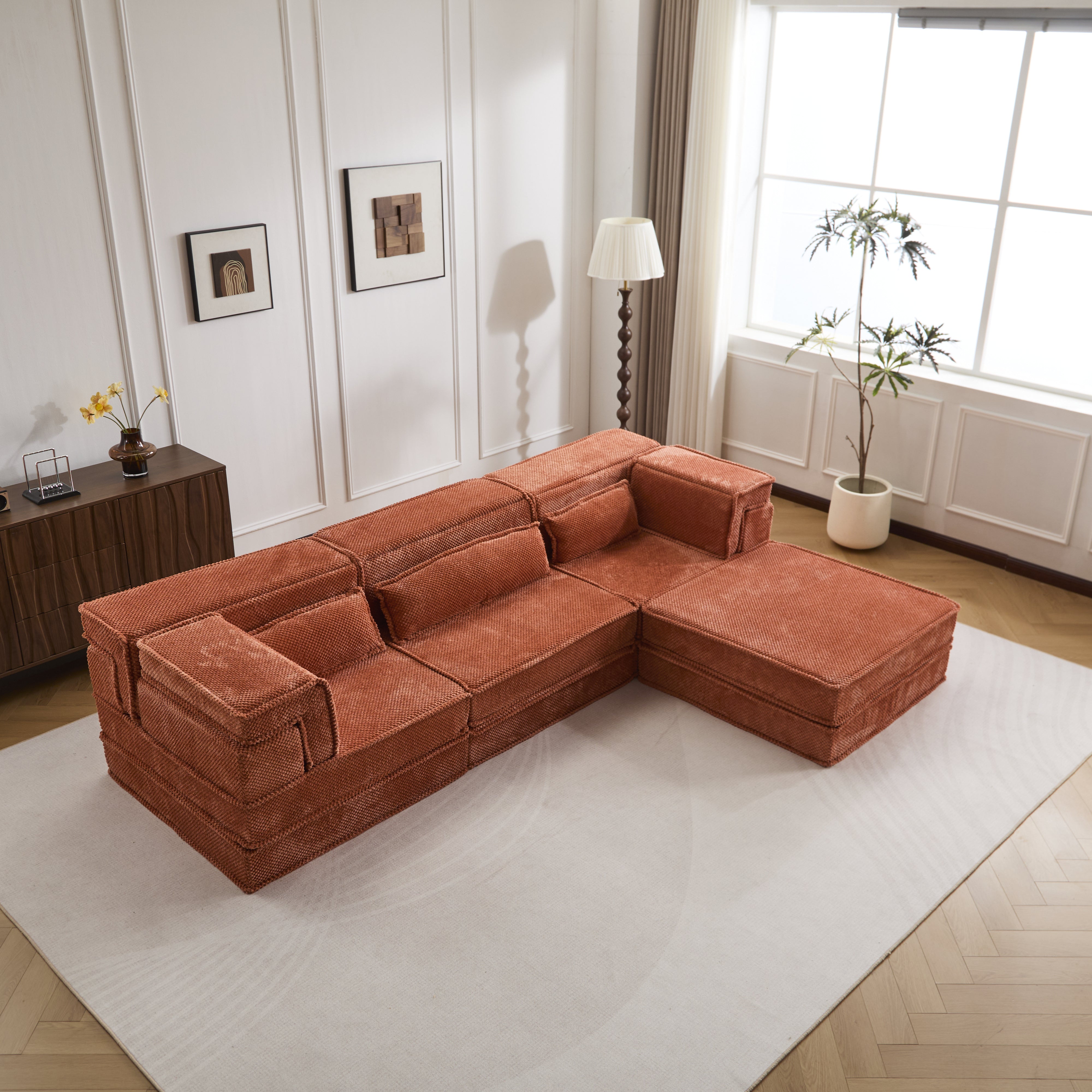 Kompressions-Mahjong-Sofa, Umwandelbares Boden-Sofabett, DIY Knochenloses Modulares Sektionssofa, Keine Montage Erforderlich, Kreisförmiger Fleece-Stoff, Überdimensioniertes 3-Sitzer-Sofa mit 1 Hocker, Orange