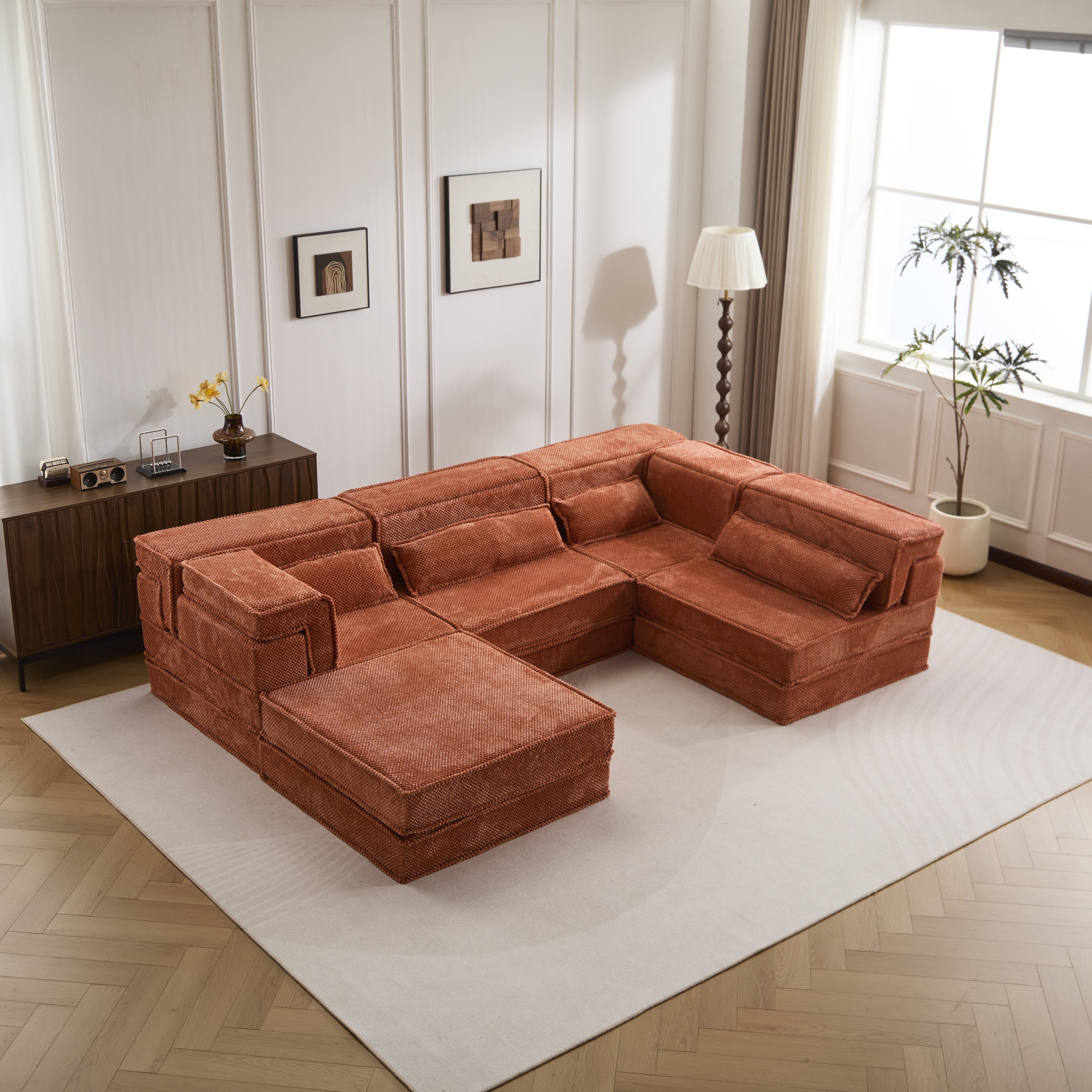 Kompressions-Mahjong-Sofa, umklappbares Boden-Sofabett, DIY knochenloses modulares Sektionssofa, keine Montage erforderlich, Kreis-Fleece-Stoff, überdimensioniertes 4-Sitzer-Sofa mit 1 Hocker, Orange