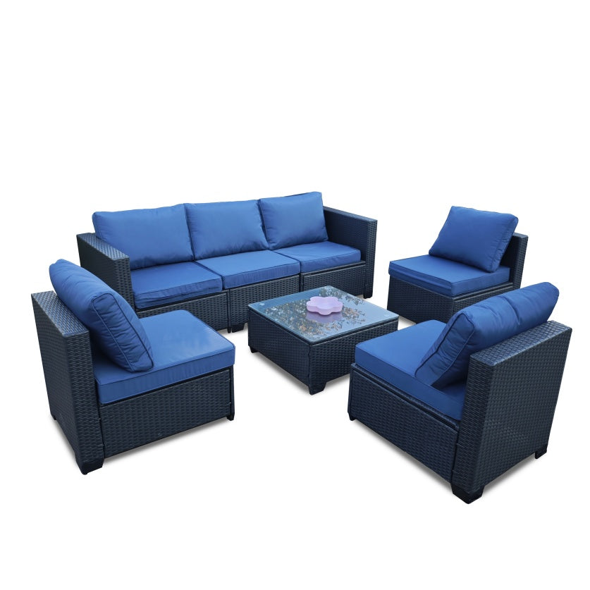 Siebenteiliges Sofaset mit Tisch und Sessel, Schwarz, PE-Rattan, Außenmöbel 7-JH001, Karton 3-1-2-3 mit blauen Sitzkissen