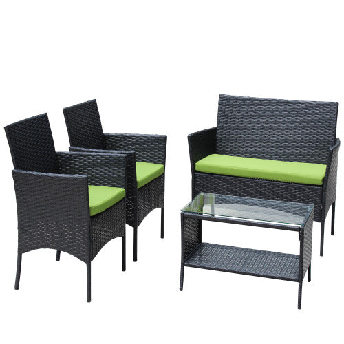 4er-PC-Rattan-Patio-Möbel-Set für den Außenbereich mit gepolsterten Sitzen Korbsofa mit grünem Polster