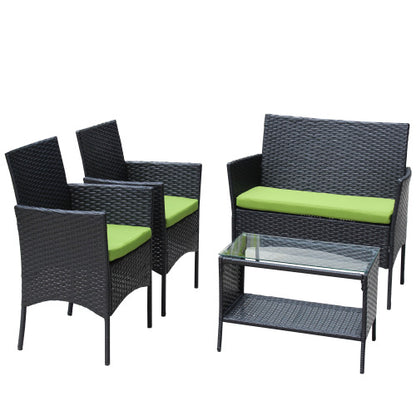 4er-PC-Rattan-Patio-Möbel-Set für den Außenbereich mit gepolsterten Sitzen Korbsofa mit grünem Polster