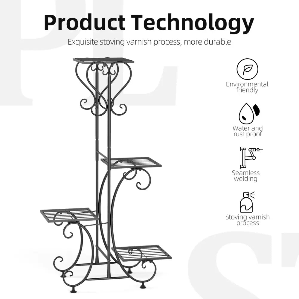 Black wrought iron DecorBites 4-tier metal plant stand with ornate scrollwork for indoor and outdoor display