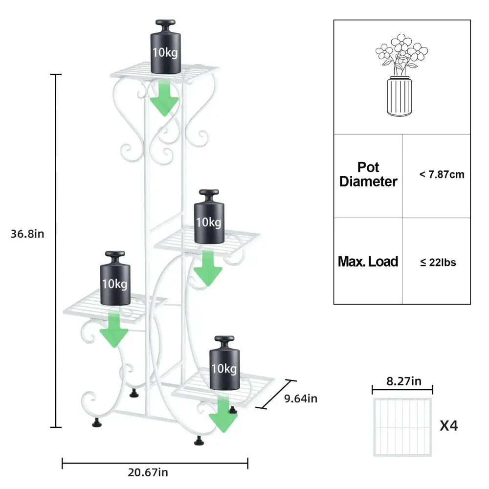 Decorbites 4-tier white wrought iron metal plant stand with decorative scrollwork for indoor and outdoor display