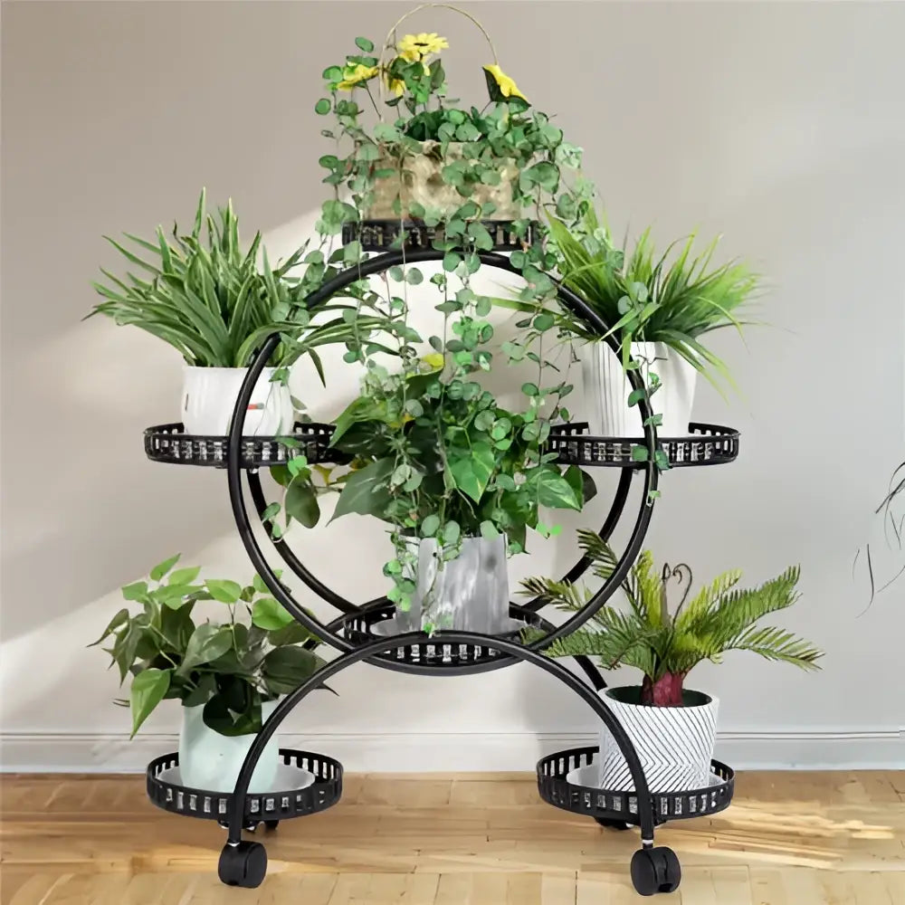 Black wrought iron plant stand shelf with circular tiers and caster wheels from decorbites 4-wheel plant stand with 6 pots