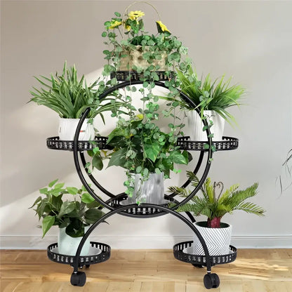 Black wrought iron plant stand shelf with circular tiers and caster wheels from decorbites 4-wheel plant stand with 6 pots