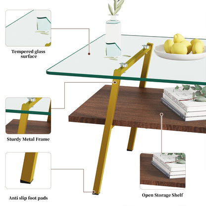 Rechteckiger Couchtisch, Tafelplatte aus Sicherheitsglas mit goldenen Metallbeinen, moderner Tisch für das Wohnzimmer,