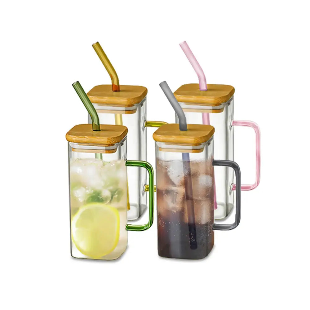 400ml square glass mug with clear glass body bamboo lid colorful metal handle and matching straw for dining room use