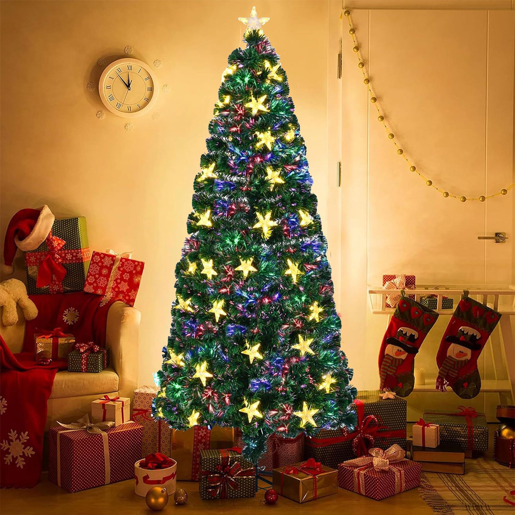 7FT Vorbeleuchteter Glasfaser-Weihnachtsbaum mit großen Sternen, Künstlicher Weihnachtsbaum Fichte grüner Baum mit Metallständer, Voller Baum für Feiertagsdekoration