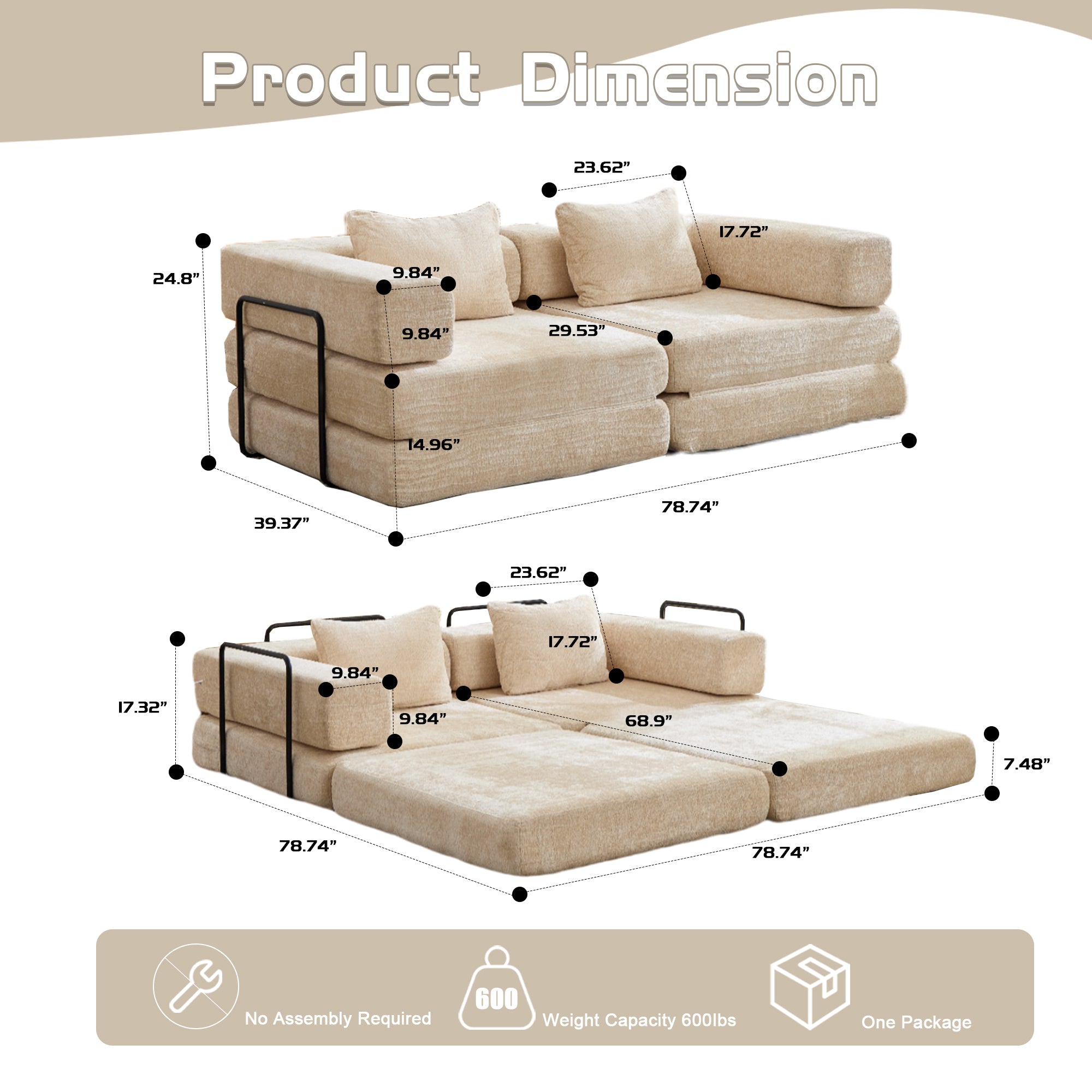 Kompressions-Sofa, Umklappbares Boden-Sofa-Bett mit festem Rahmen, Sessel knochenloses modulares Sektionssofa, keine Montage erforderlich, Chenille-Stoff, für Wohnzimmer und Schlafzimmer, Beige