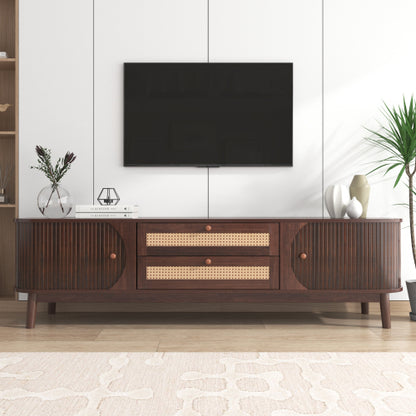 Rattan-Fernsehtisch für Fernseher bis 75 Zoll, modernes Bauernhaus-Medienkonsole, Unterhaltungszentrum mit massiven Holzbeinen, TV-Schrank für das Wohnzimmer, Heimkino