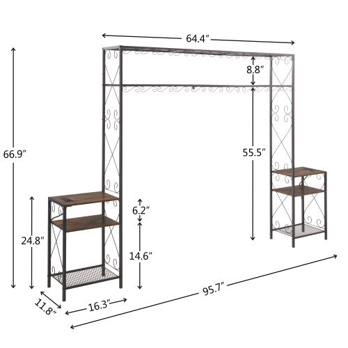Queen-Bettgestell mit 2 Nachttischen, Kopfteilen mit Stauraum-Schrank, Kopfteil mit Regalen, Bücherregal-Kopfteil Queen, einfache Montage für das Schlafzimmer, Eisen und Holz, rustikal braun