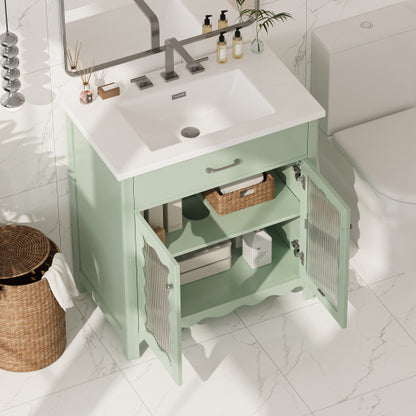 31-Zoll-Badwaschtisch mit gehärtetem Glas, moderner Badezimmerschrank mit Beinen aus Gummibaumholz und Schiebetüren mit Weichschließfunktion, Grün
