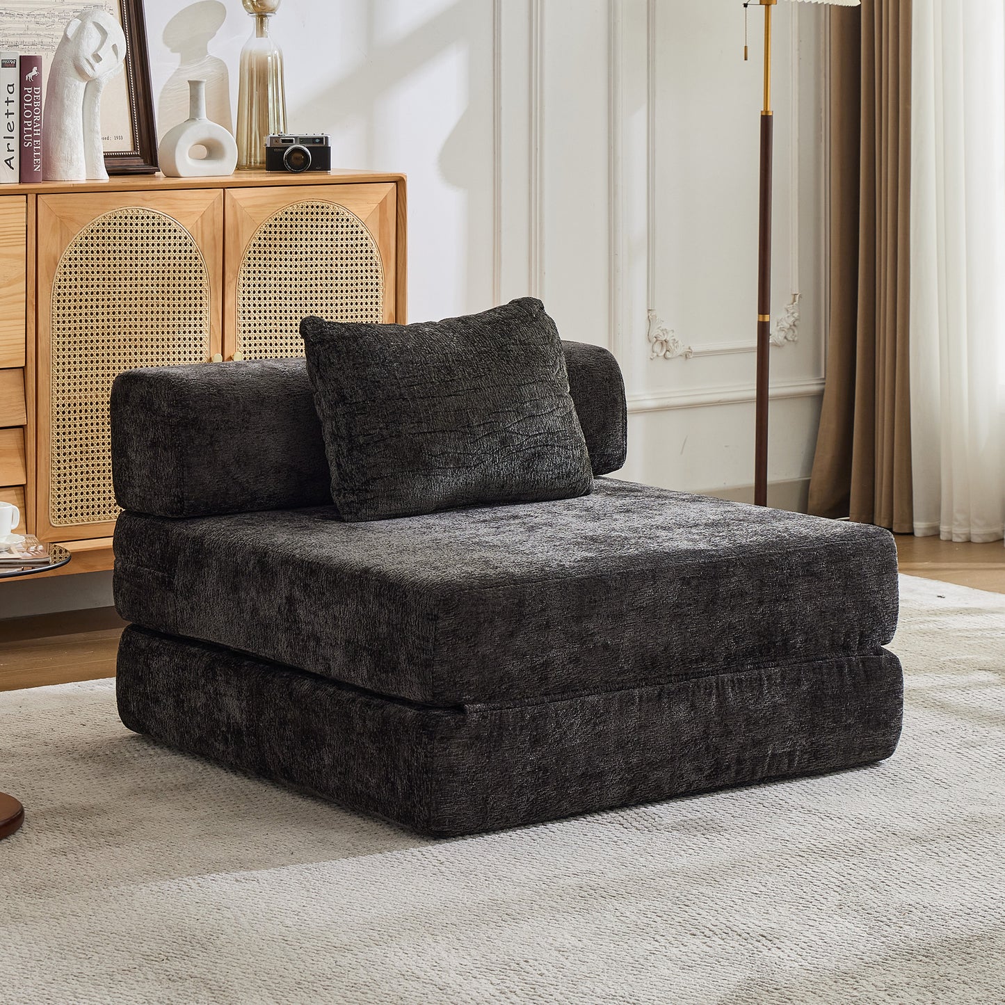 Kompressions-Sofa, Umklappbares Boden-Sofa-Bett mit feststehendem Formrahmen, Einzelner Sitz ohne Knochen, Modulares Sektionalsofa, Keine Montage erforderlich, Chenille-Stoff, für Wohnzimmer und Schlafzimmer, Schwarz