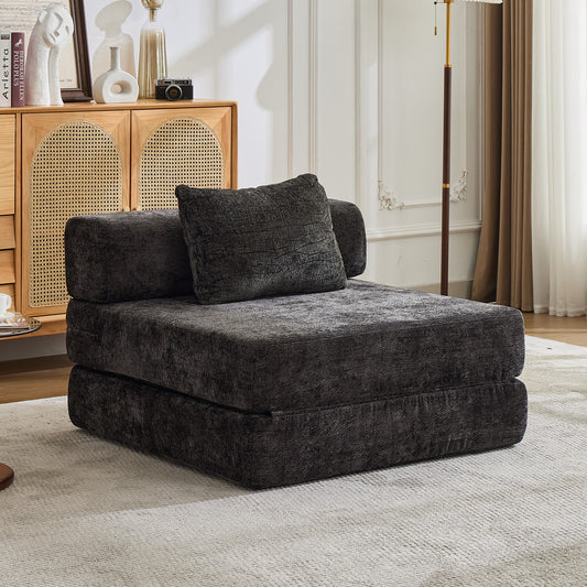 Kompressions-Sofa, Umklappbares Boden-Sofa-Bett mit feststehendem Formrahmen, Einzelner Sitz ohne Knochen, Modulares Sektionalsofa, Keine Montage erforderlich, Chenille-Stoff, für Wohnzimmer und Schlafzimmer, Schwarz