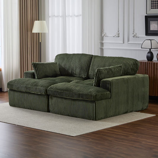 Doppelte Chaise-Lounge-Stuhl für Innenräume, Überdimensionierte Bezogene Schlafcouch Cloud-Sofa, Tief Sitzender Luxus-Sofabett, Sektionelles Sofa mit Chaise-Lounge und Loveseat, Corduroy-Lesestuhl für das Wohnzimmer, Keine Montage erforderlich, Grün