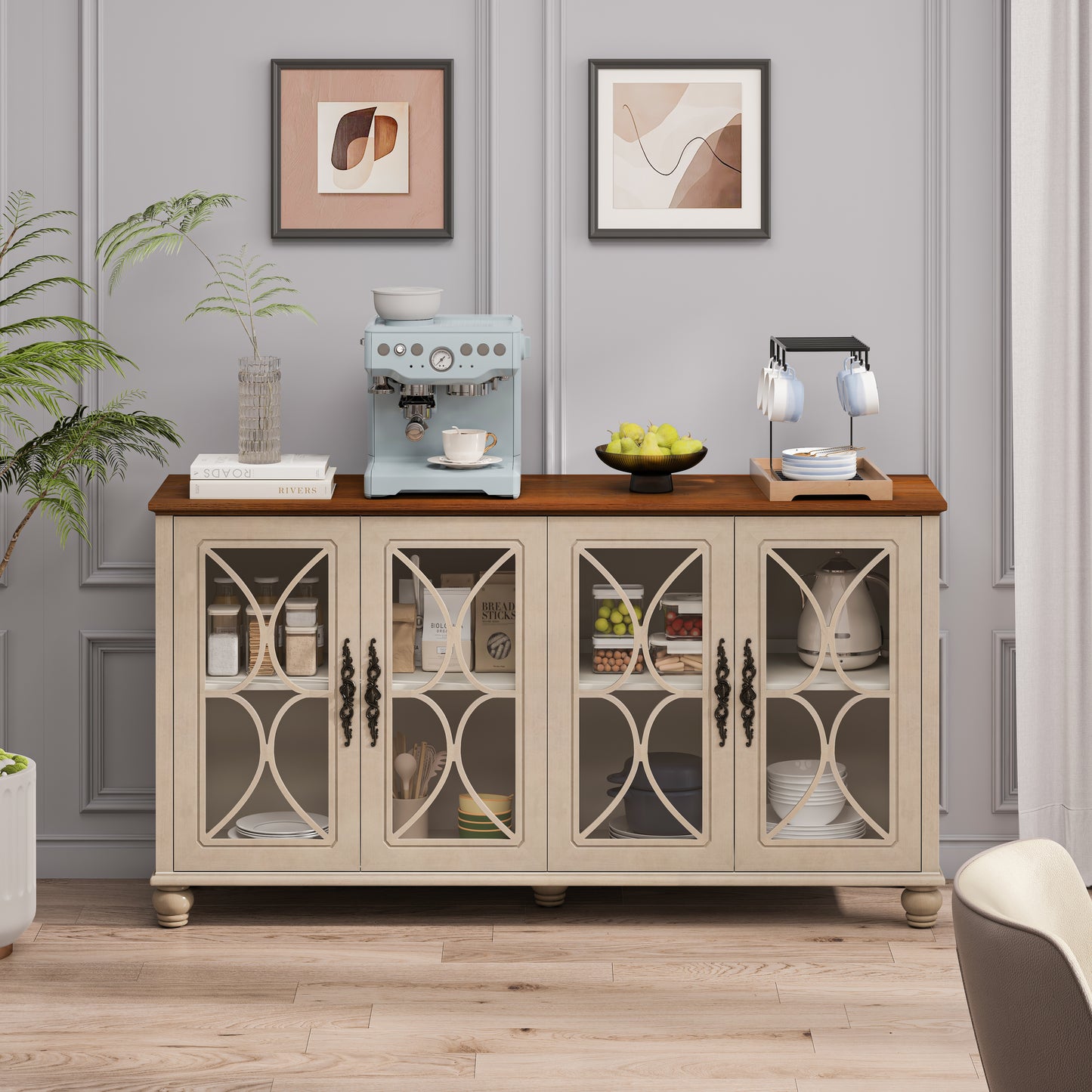 Elegantes europäisches Antiquitäten-Stil 4-Türenschrank mit gehärteten Glastüren, für Esszimmer, Wohnzimmer, Flur, einfache Montage, Beige