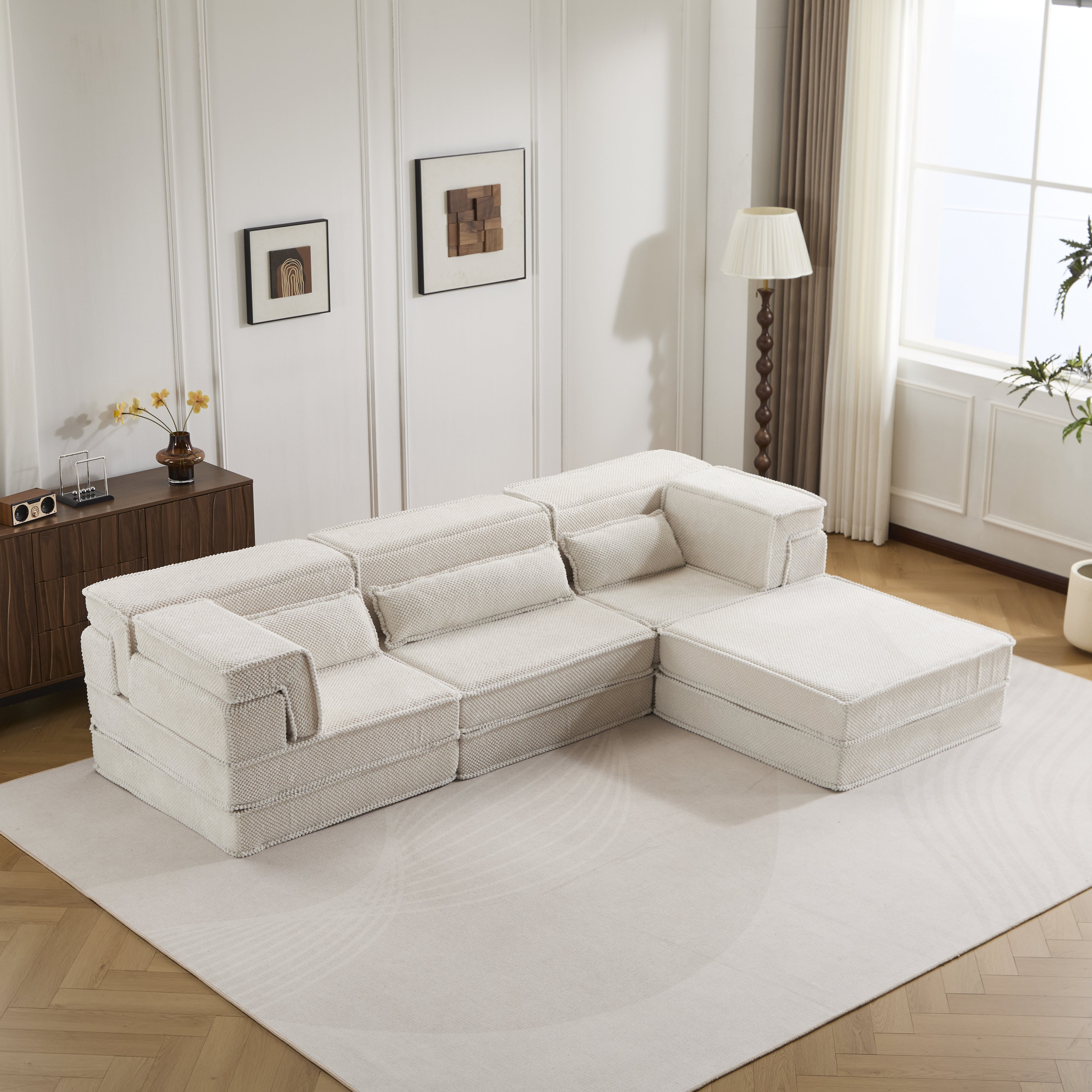 Kompressions-Mahjong-Sofa, umklappbares Boden-Sofabett, DIY knochenloses modulares Sektionssofa, keine Montage erforderlich, runder Fleece-Stoff, überdimensioniertes 4-Sitzer-Sofa mit 3 Kissen, weiß