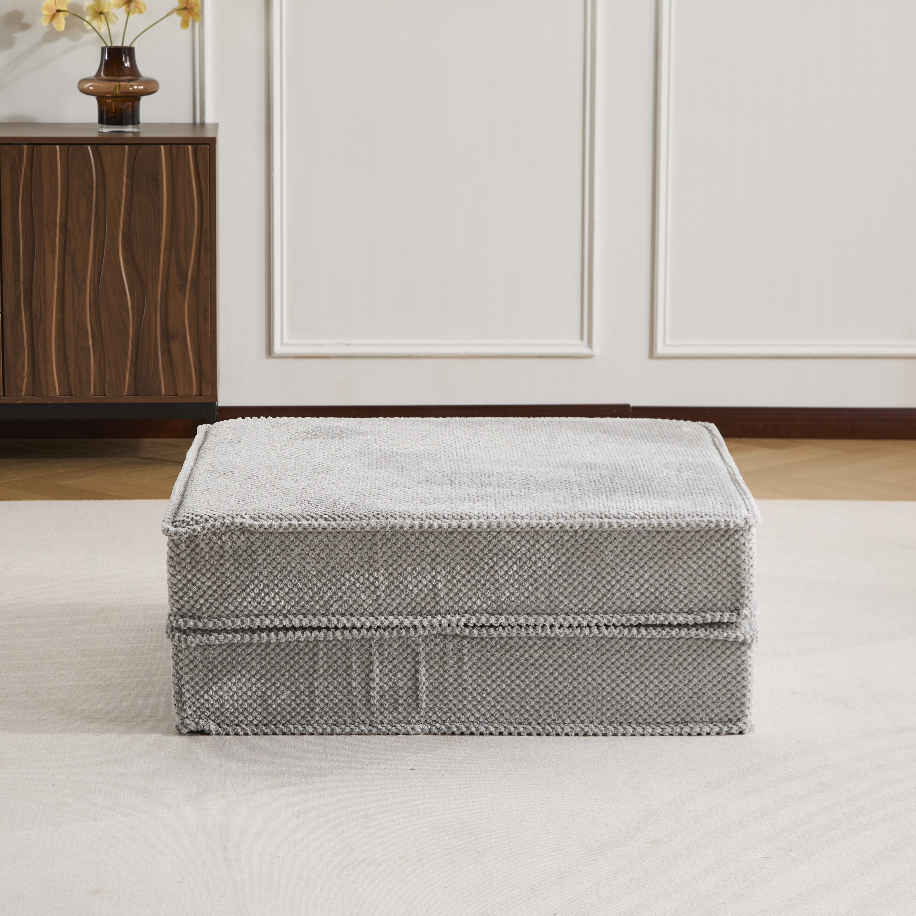 Kompressions-Mahjong-Sofa, umklappbares Boden-Sofabett, DIY knochenloses modulares Sektionssofa, keine Montage erforderlich, Kreisförmiger Fleece-Stoff, 1 Hocker, Hellgrau