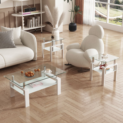 Set aus 2, Moderner Tee-Tisch Kaffeetisch Beistelltisch aus Temperglas, Quadratischer Tisch für das Wohnzimmer, Transparent Weiß