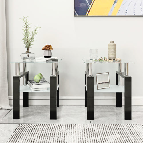 Set aus 2, Moderner Esstisch aus Temperglas, Couchtisch Beistelltisch, Quadratischer Tisch für das Wohnzimmer, Transparent Schwarz