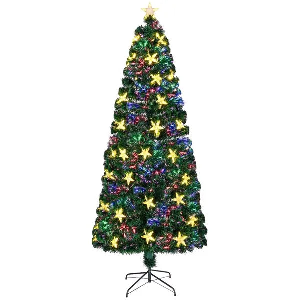 7FT Vorbeleuchteter Glasfaser-Weihnachtsbaum mit großen Sternen, Künstlicher Weihnachtsbaum Fichte grüner Baum mit Metallständer, Voller Baum für Feiertagsdekoration