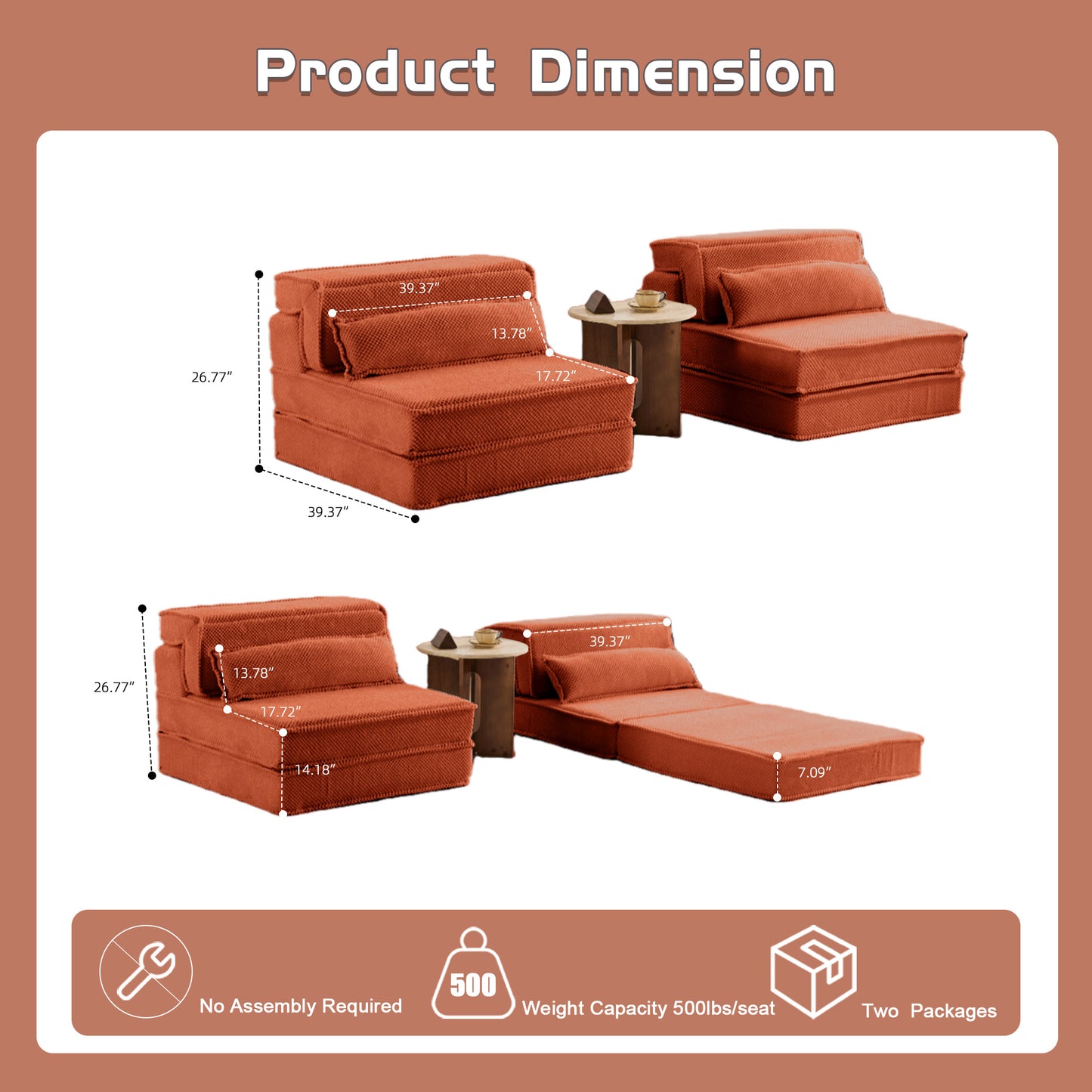 Kompressions-Mahjong-Sofa, umklappbares Boden-Sofabett, DIY knochenloses modulares Sektionssofa, keine Montage erforderlich, Kreisförmiger Fleece-Stoff, überdimensioniertes 2-Sitzer-Sofa mit 2 Kissen, Orange