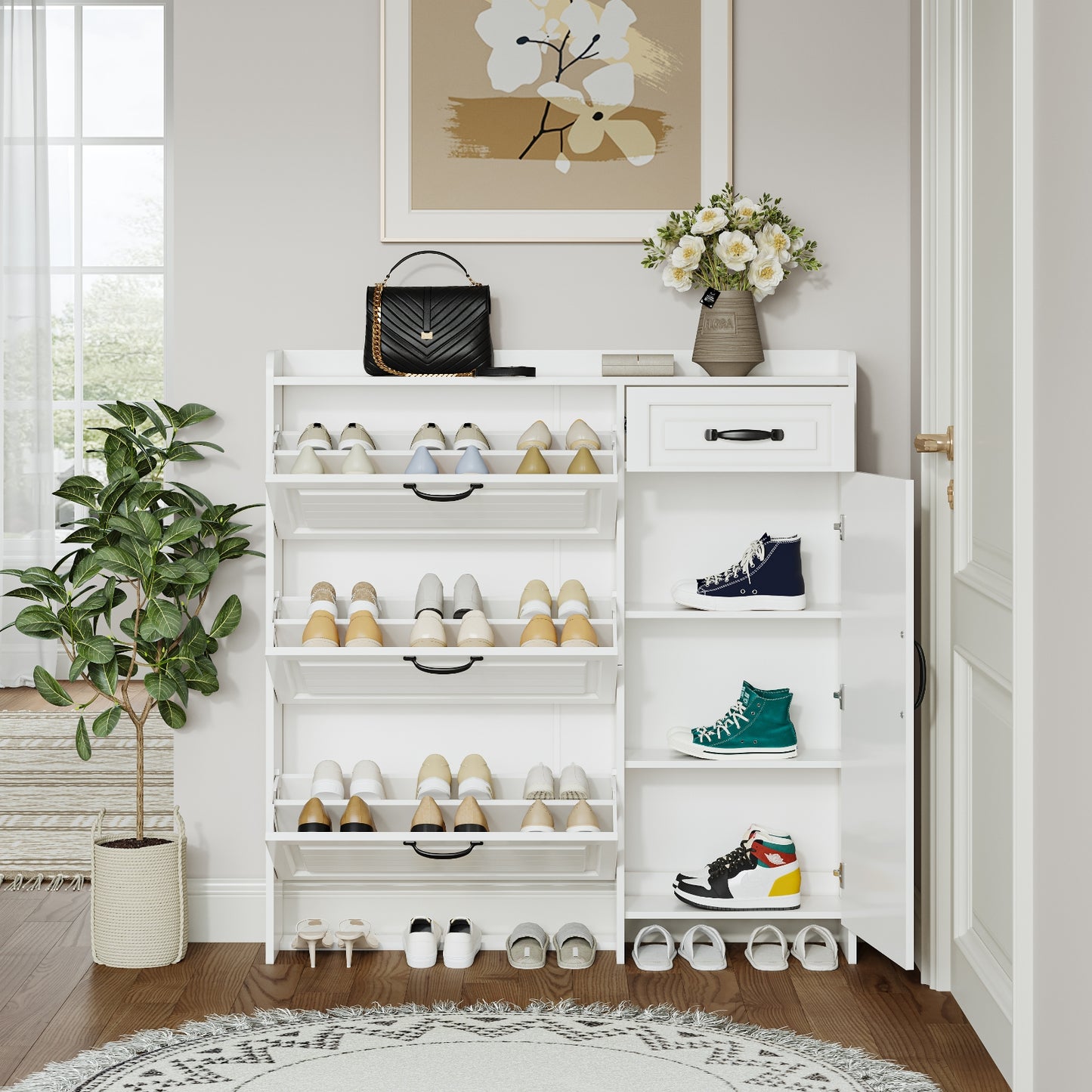 Weißer Schuhschrank mit 4 Türen und 1 Schublade, PVC-Tür mit Form, großer Stauraum