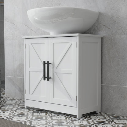 Bauernhaus-Piedestal-Waschbecken-Schrank, Badezimmer-Waschbecken-Schrank mit 2 Scheunentüren und einstellbarem Regal, Weiß