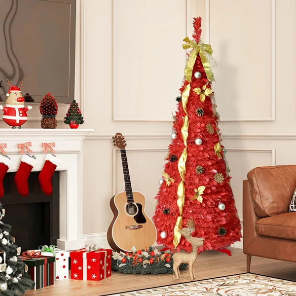 6FT Roter Aufstell-Weihnachtsbaum mit 150 warmweißen LED-Lichtern, Zubehör enthalten – 4 Bänder, Schleife, Blumen, Schneeflocken, Kiefernzapfen & Kugeln – Einfache Montage & platzsparende Weihnachtsdekoration