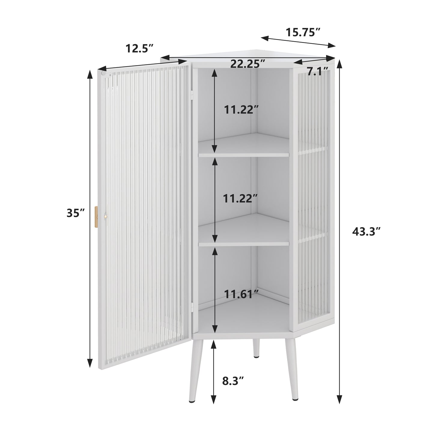 22,25'' Eckschrank für den Boden, drei Ebenen mit gehärteten Glastüren und Stauraumregalen für Badezimmer, Wohnzimmer und Schlafzimmer, weiß