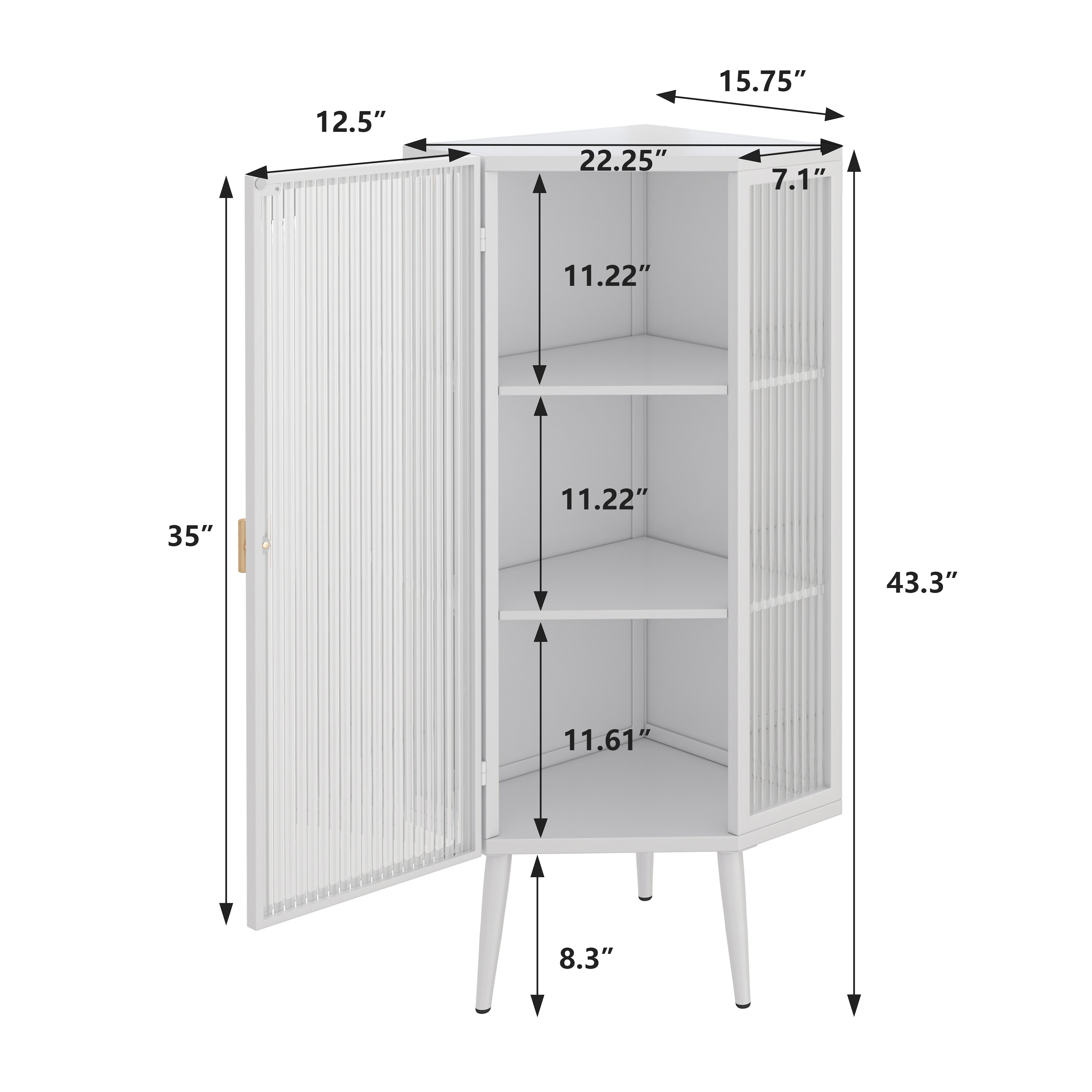 22,25'' Eckschrank für den Boden, drei Ebenen mit gehärteten Glastüren und Stauraumregalen für Badezimmer, Wohnzimmer und Schlafzimmer, weiß
