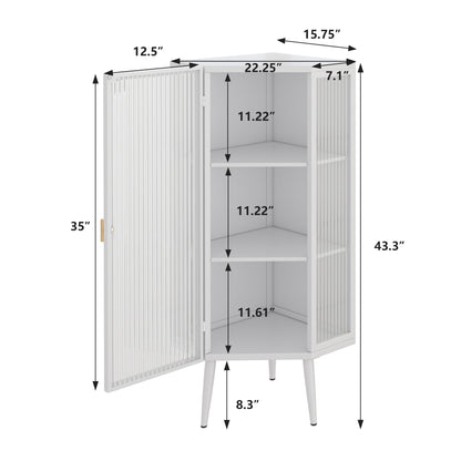 22,25'' Eckschrank für den Boden, drei Ebenen mit gehärteten Glastüren und Stauraumregalen für Badezimmer, Wohnzimmer und Schlafzimmer, weiß