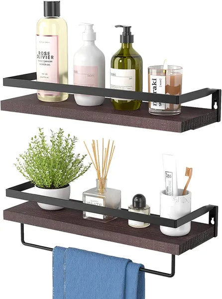 Schwebendes Badezimmershelf mit Handtuchhalter; Badezimmer/Wohnzimmer/Küche/Schlafzimmer Wandregal Set aus 2; Hellbraun; Dunkelbraun; Schwarz.