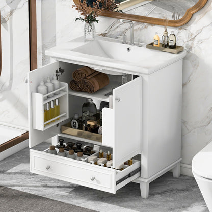 30-Zoll-Badwaschtisch mit Waschbecken-Kombination, Multifunktionaler Badezimmerschrank mit Türen und Schublade, Solider Rahmen und MDF-Platte, Weiß