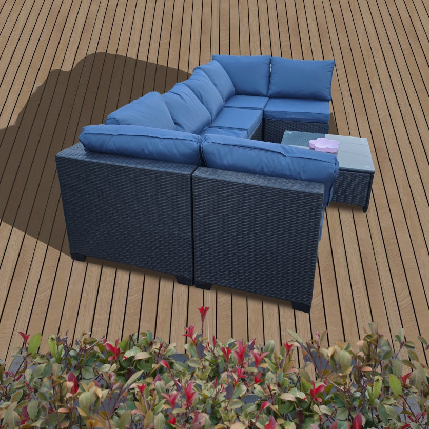 Siebenteiliges Sofaset mit Tisch und Sessel, Schwarz, PE-Rattan, Außenmöbel 7-JH001, Karton 3-1-2-3 mit blauen Sitzkissen