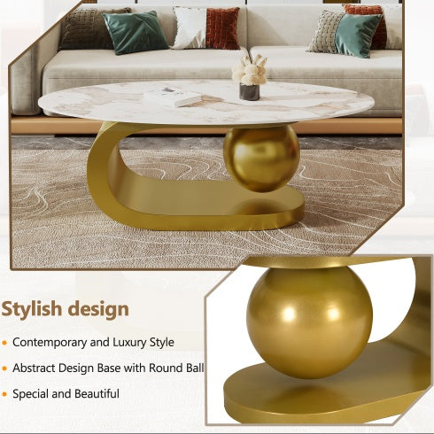 Moderne ovale Couchtisch für das Wohnzimmer, Couchtischplatte aus gesintertem Stein mit Marmor-Muster und goldener Edelstahlbasis in 47,2