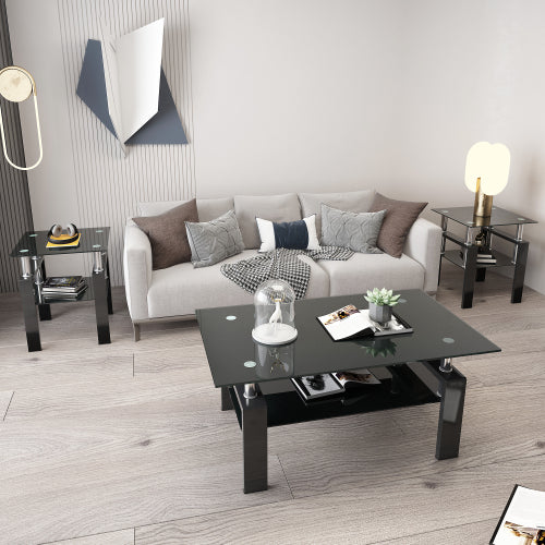 Set aus 2, Modernes Temperglas-Teetisch Couchtisch Beistelltisch, Quadratischer Tisch für das Wohnzimmer, Schwarz