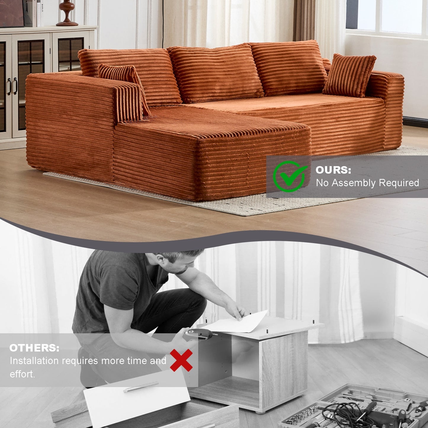 Kompressions-Sitzgruppen-Sofa mit bequemer Chaise, knochenloses L-förmiges Sofa mit tiefer Sitzfläche, minimalistisches modulares Schlafsofa für Wohnzimmer, Schlafzimmer, Apartment und Lounge, Corduroy, Braun