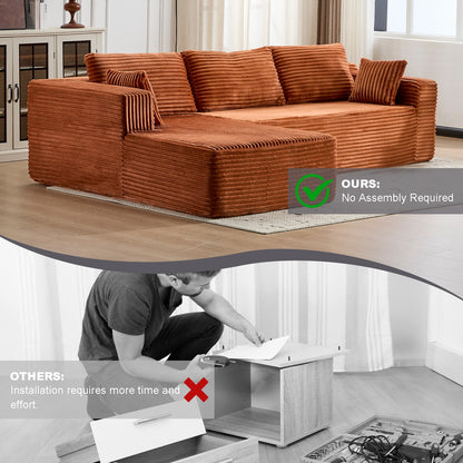 Kompressions-Sitzgruppen-Sofa mit bequemer Chaise, knochenloses L-förmiges Sofa mit tiefer Sitzfläche, minimalistisches modulares Schlafsofa für Wohnzimmer, Schlafzimmer, Apartment und Lounge, Corduroy, Braun