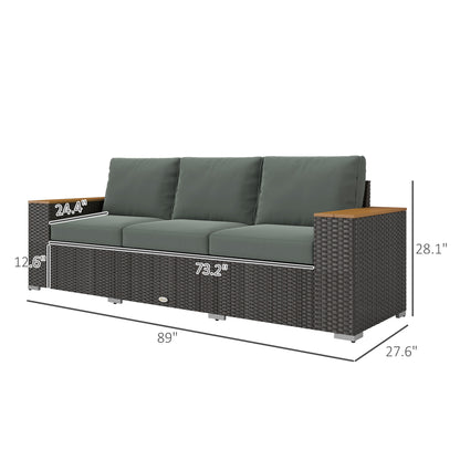 3-Sitziges Outdoor-Patio-Sofa mit Kissen, PE-Rattan-Geflecht-Sofa mit breiten Armlehnen, Outdoor-Geflecht-Couch, Dunkelgrau