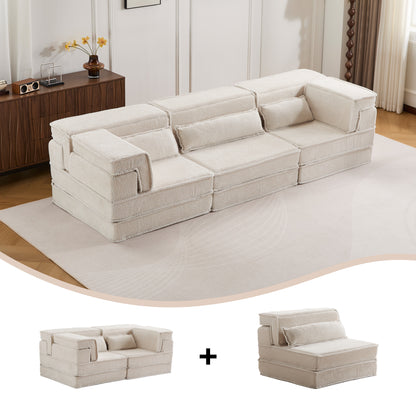 Kompressions-Mahjong-Sofa, umklappbares Boden-Sofabett, DIY knochenloses modulares Sektionssofa, keine Montage erforderlich, Kreis-Fleece-Stoff, überdimensioniertes 3-Sitzer-Sofa mit 3 Kissen, Weiß