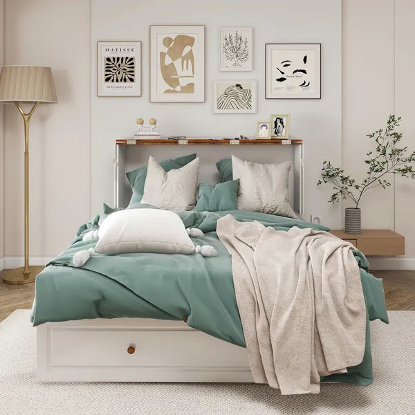 Queen-Size-Murphy-Bettgestell mit Schubladen, Murphy-Bett mit Lade-Station, 2 USB-Anschlüssen, mobiles Murphy-Bett als Schlafanordnung für vielseitige Bereiche im Schlafzimmer, Wohnzimmer, Gästezimmer, Weiß & Holz