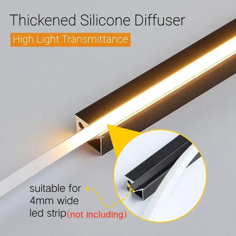 Thickened silicone diffuser with brushed metallic finish for 45 degree led aluminum profile corner trim kitchen backlight