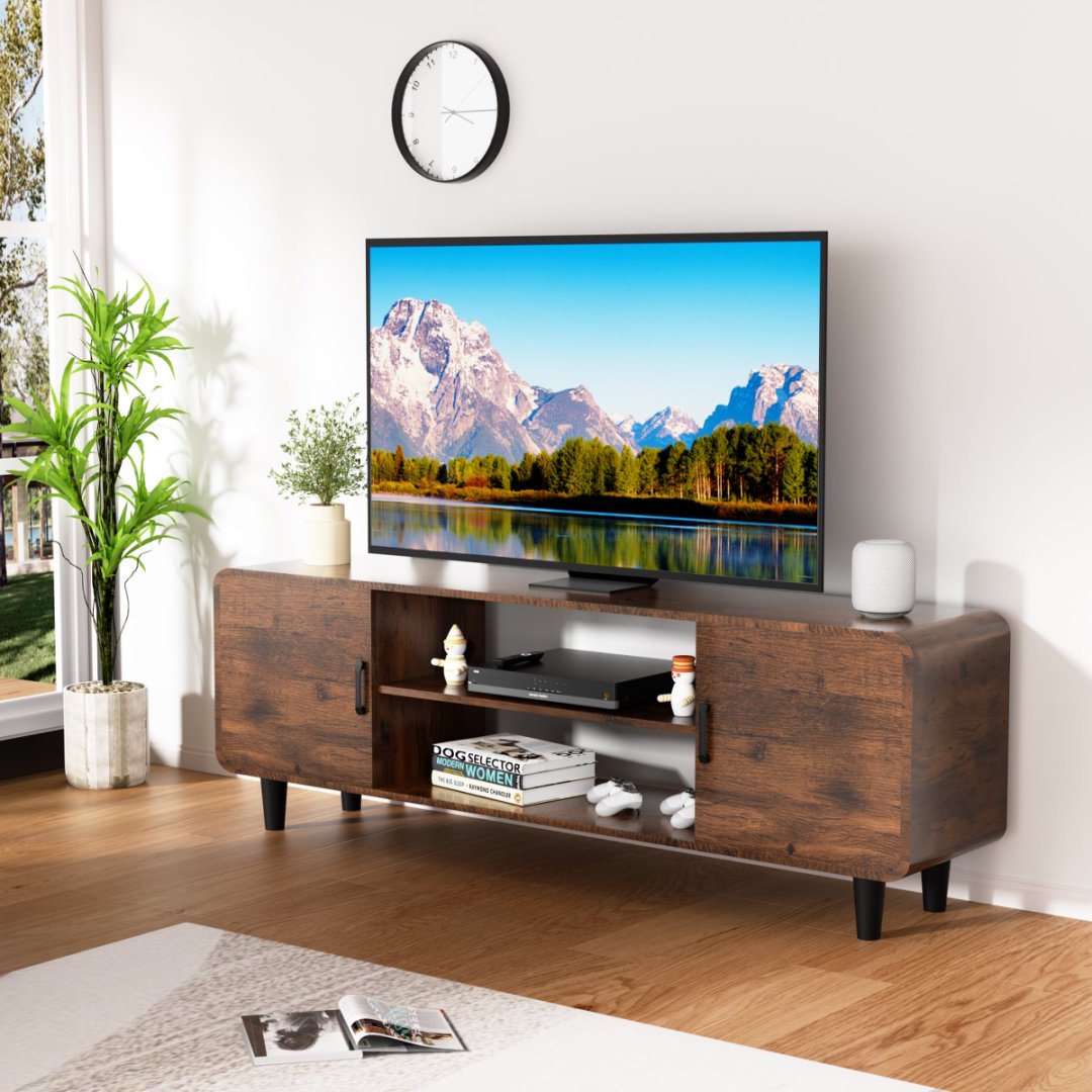 TV-Ständer für 55-Zoll-Fernseher, Medienmöbel mit Stauraumschränken, Tür mit weichem Scharnier und Griff, Medientisch für Wohnzimmer und Schlafzimmer, rustikal braun