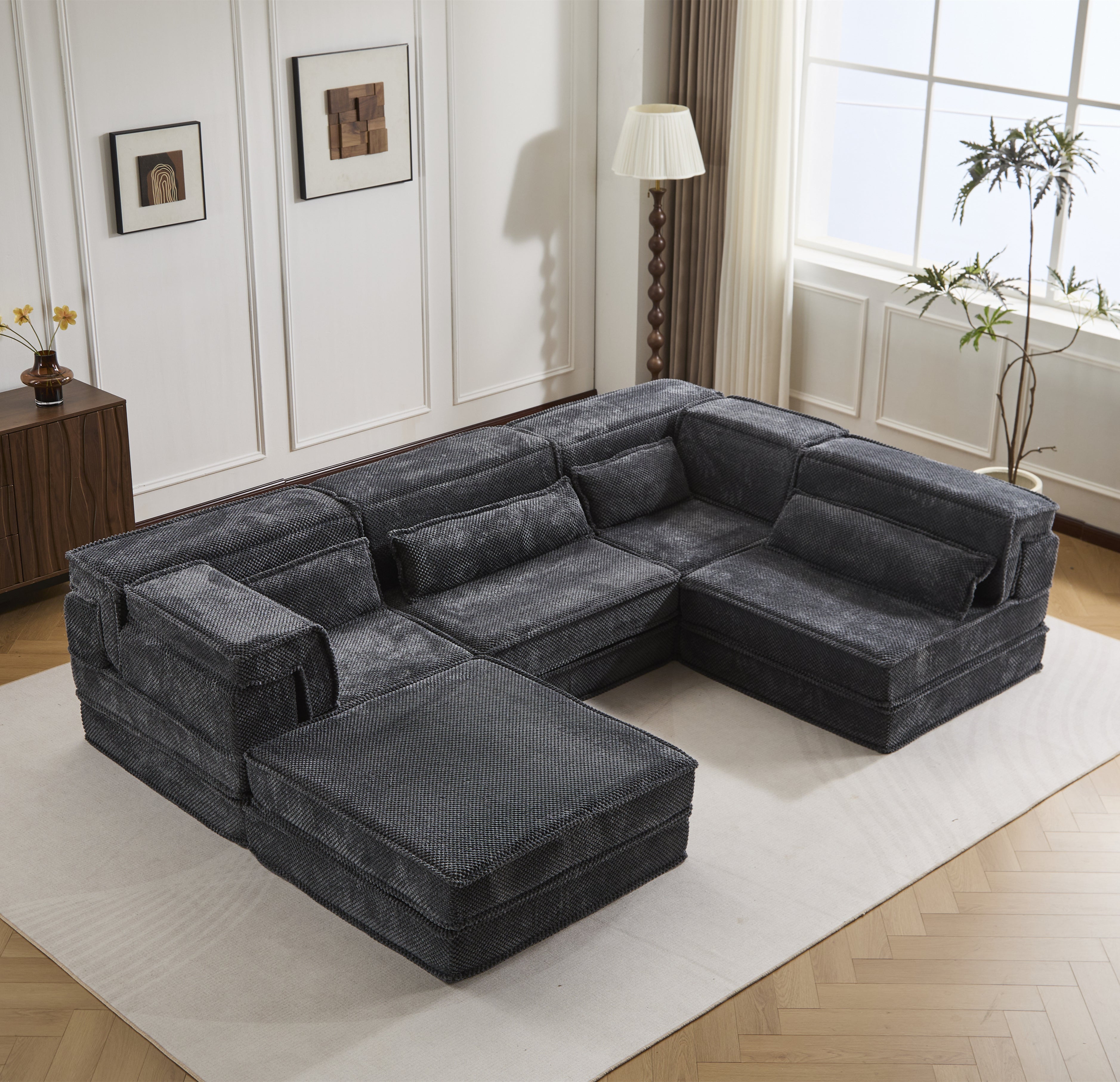 Kompressions-Mahjong-Sofa, umklappbares Boden-Sofabett, DIY knochenloses modulares Sektionssofa, keine Montage erforderlich, Kreisförmiger Fleece-Stoff, Überdimensioniertes 4-Sitzer-Sofa mit 1 Hocker, Dunkelgrau